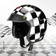 Black & White Checkered Flames & Black Leather Open Face 3/4 Beasley Motorcycle Helmet by KingsMotorcycleFairings.com