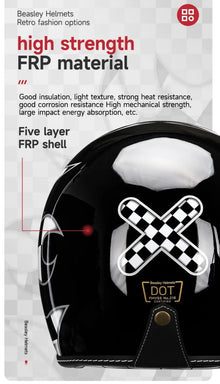 Black & White Checkered Flames & Black Leather Open Face 3/4 Beasley Motorcycle Helmet by KingsMotorcycleFairings.com