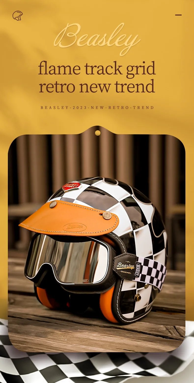 Black & White Checkered Flames & Brown Leather Open Face 3/4 Beasley Motorcycle Helmet at KingsMotorcycleFairings.com