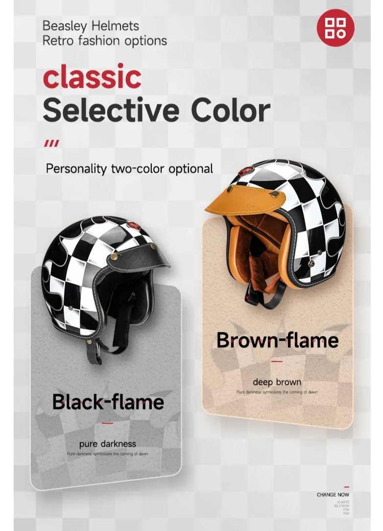 Black & White Checkered Flames & Brown Leather Open Face 3/4 Beasley Motorcycle Helmet at KingsMotorcycleFairings.com