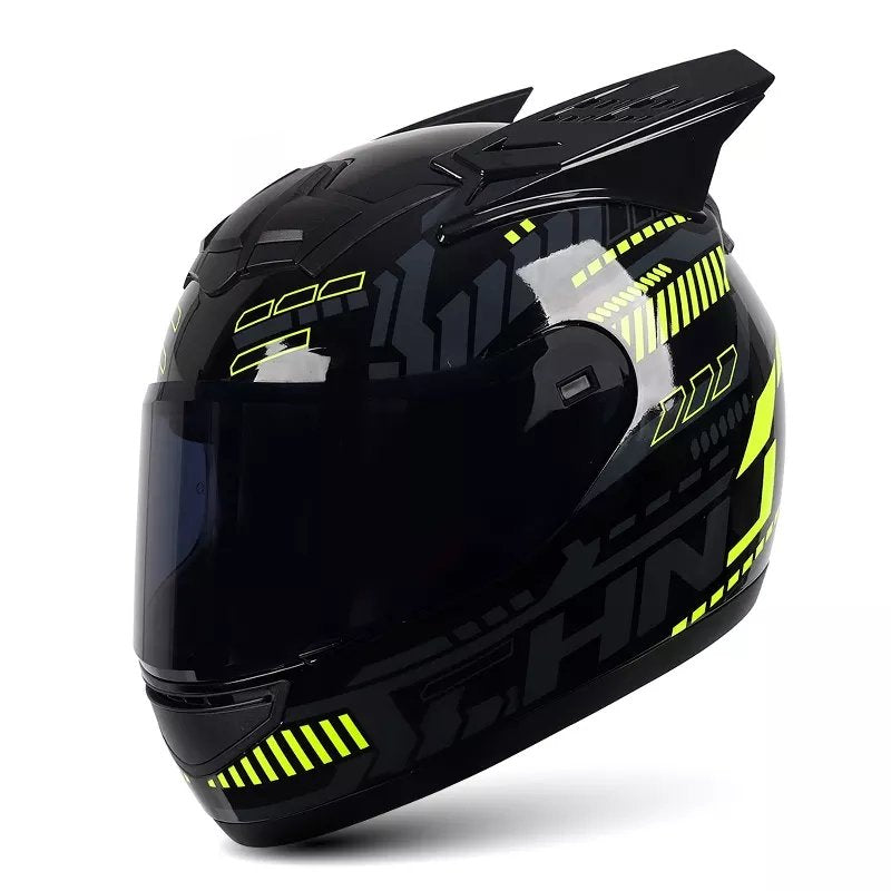 The Black, Yellow and Gray Pulse HNJ Full-Face Motorcycle Helmet with Horns & Braids by Kings Motorcycle Fairings