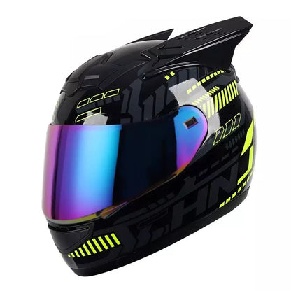 The Black, Yellow and Gray Pulse HNJ Full-Face Motorcycle Helmet with Horns & Braids by Kings Motorcycle Fairings