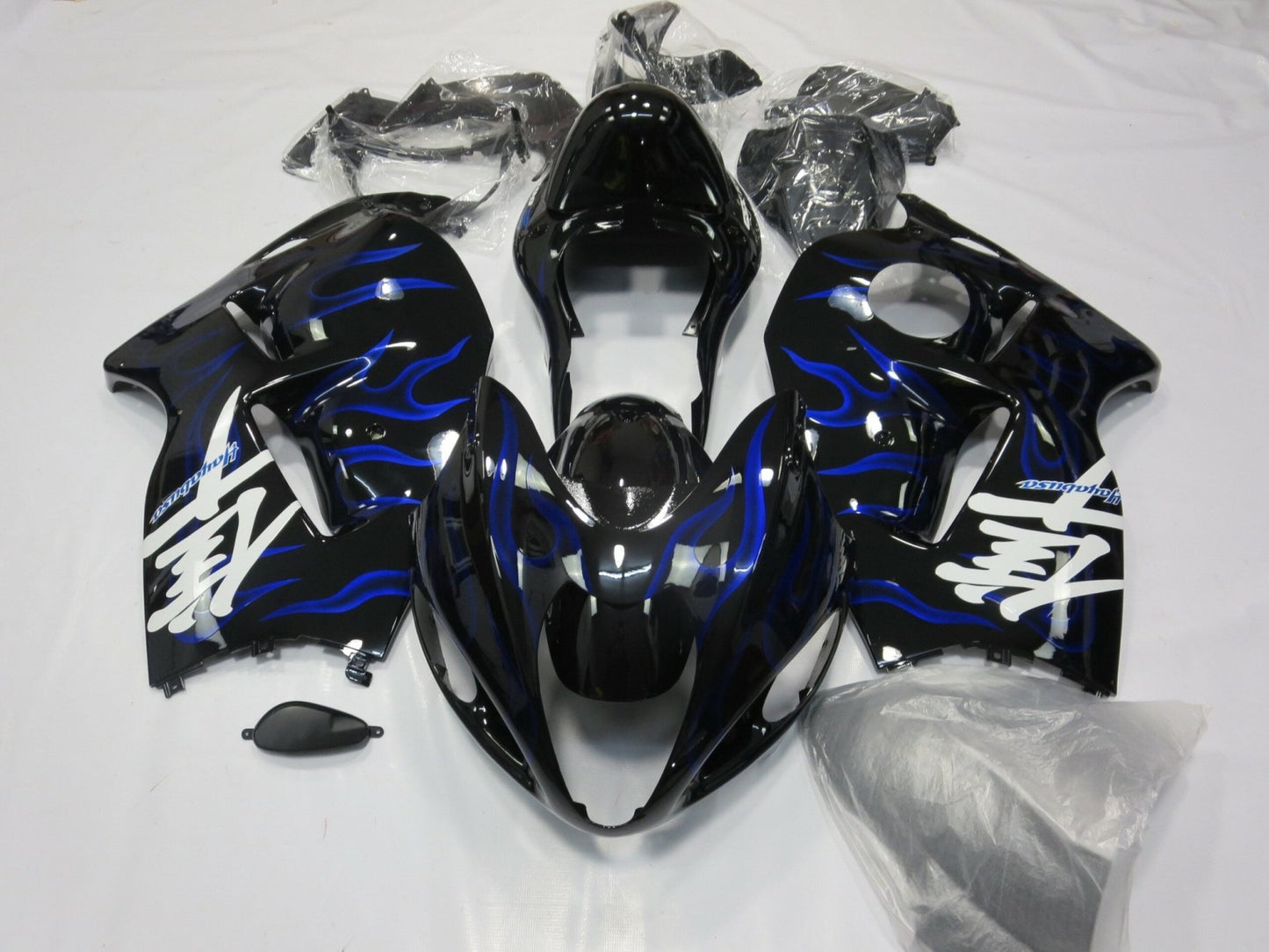 Black and Blue Flame Fairing Kit for a 1999, 2000, 2001, 2002, 2003, 2004, 2005, 2006, & 2007 Suzuki GSX-R1300 Hayabusa motorcycle