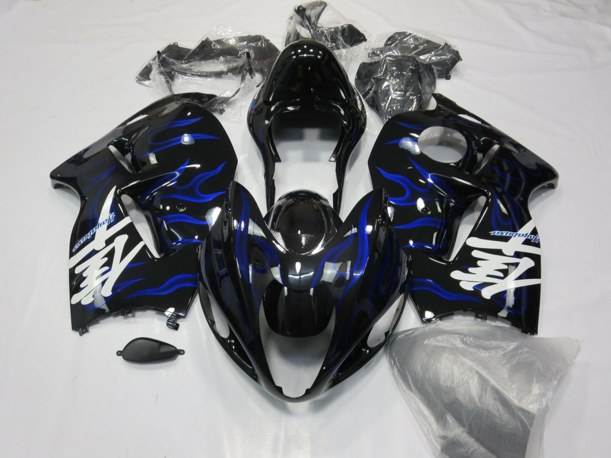 Black and Blue Flame Fairing Kit for a 1999, 2000, 2001, 2002, 2003, 2004, 2005, 2006, & 2007 Suzuki GSX-R1300 Hayabusa motorcycle