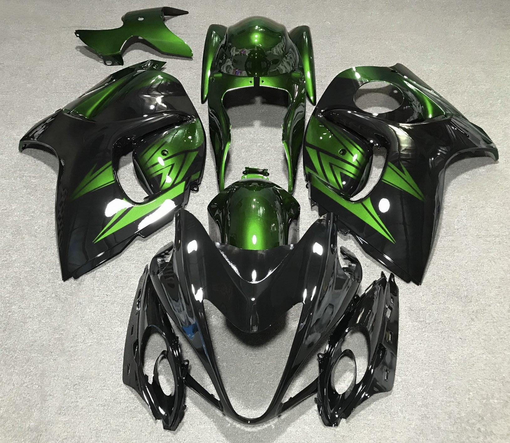 Black and Green Fairing Kit for a 2008, 2009, 2010, 2011, 2012, 2013, 2014, 2015, 2016, 2017, 2018 & 2019 Suzuki GSX-R1300 Hayabusa motorcycle