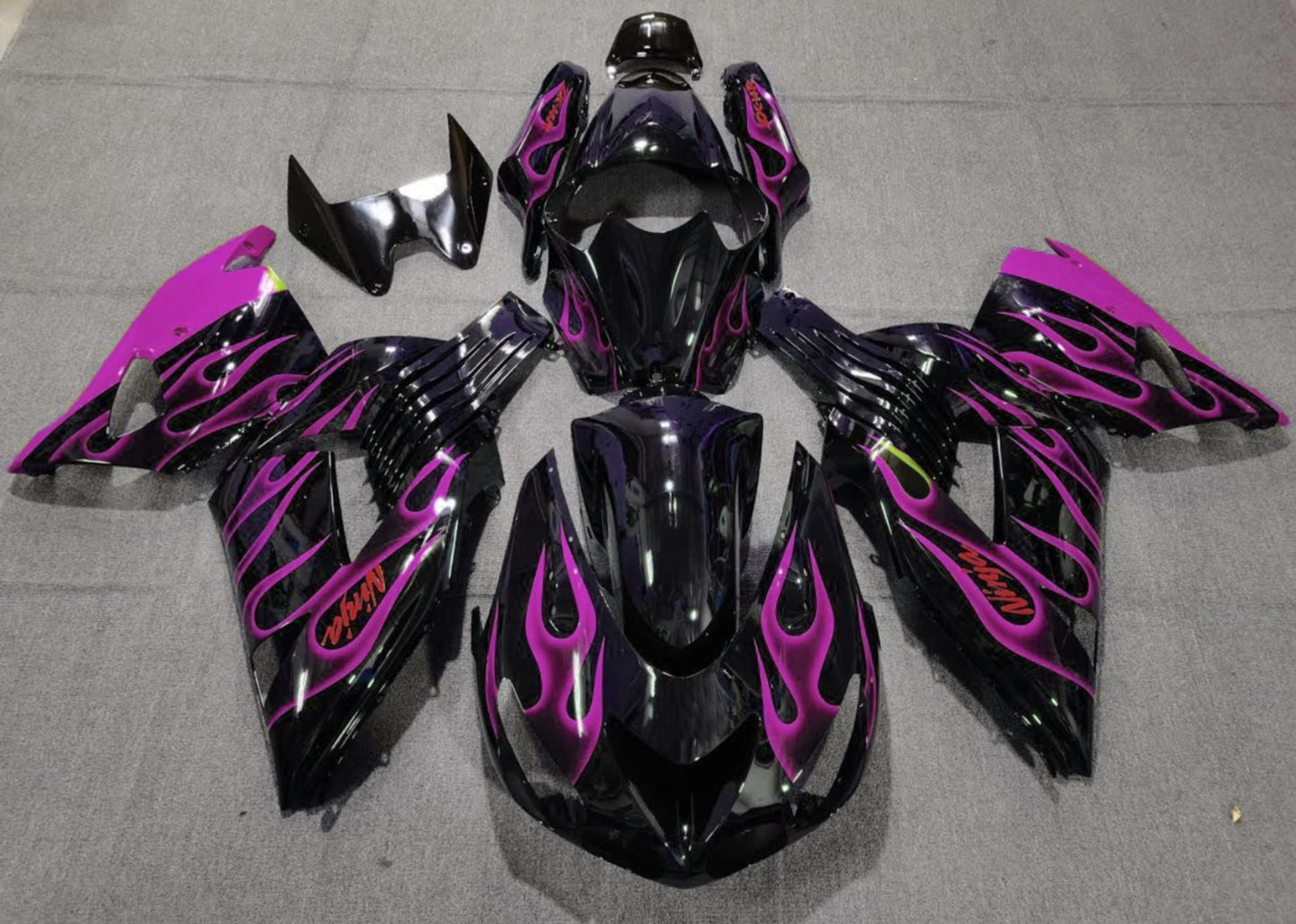 Black and Pink Flame Fairing Kit for a 2006, 2007, 2008, 2009, 2010 & 2011 Kawasaki Ninja ZX-14R motorcycle