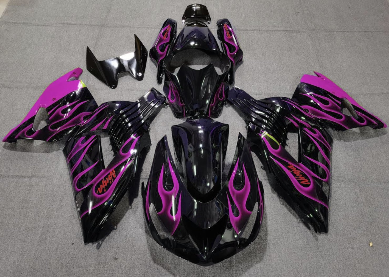 Black and Pink Flame Fairing Kit for a 2006, 2007, 2008, 2009, 2010 & 2011 Kawasaki Ninja ZX-14R motorcycle
