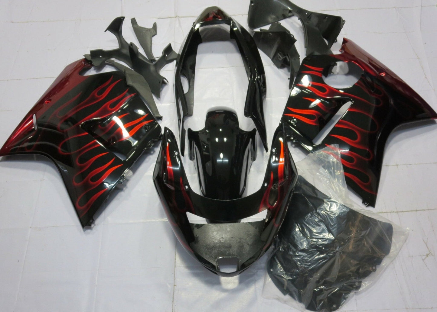 Black and Red Flames Fairing Kit for a 1996, 1997, 1998, 1999, 2000, 2001, 2002, 2003, 2004, 2005, 2006 & 2007 Honda CBR1100XX Super Blackbird motorcycle