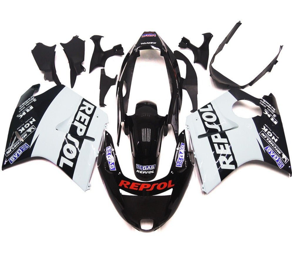 Black and White Repsol Fairing Kit for a 1996, 1997, 1998, 1999, 2000, 2001, 2002, 2003, 2004, 2005, 2006 & 2007 Honda CBR1100XX Super Blackbird motorcycle