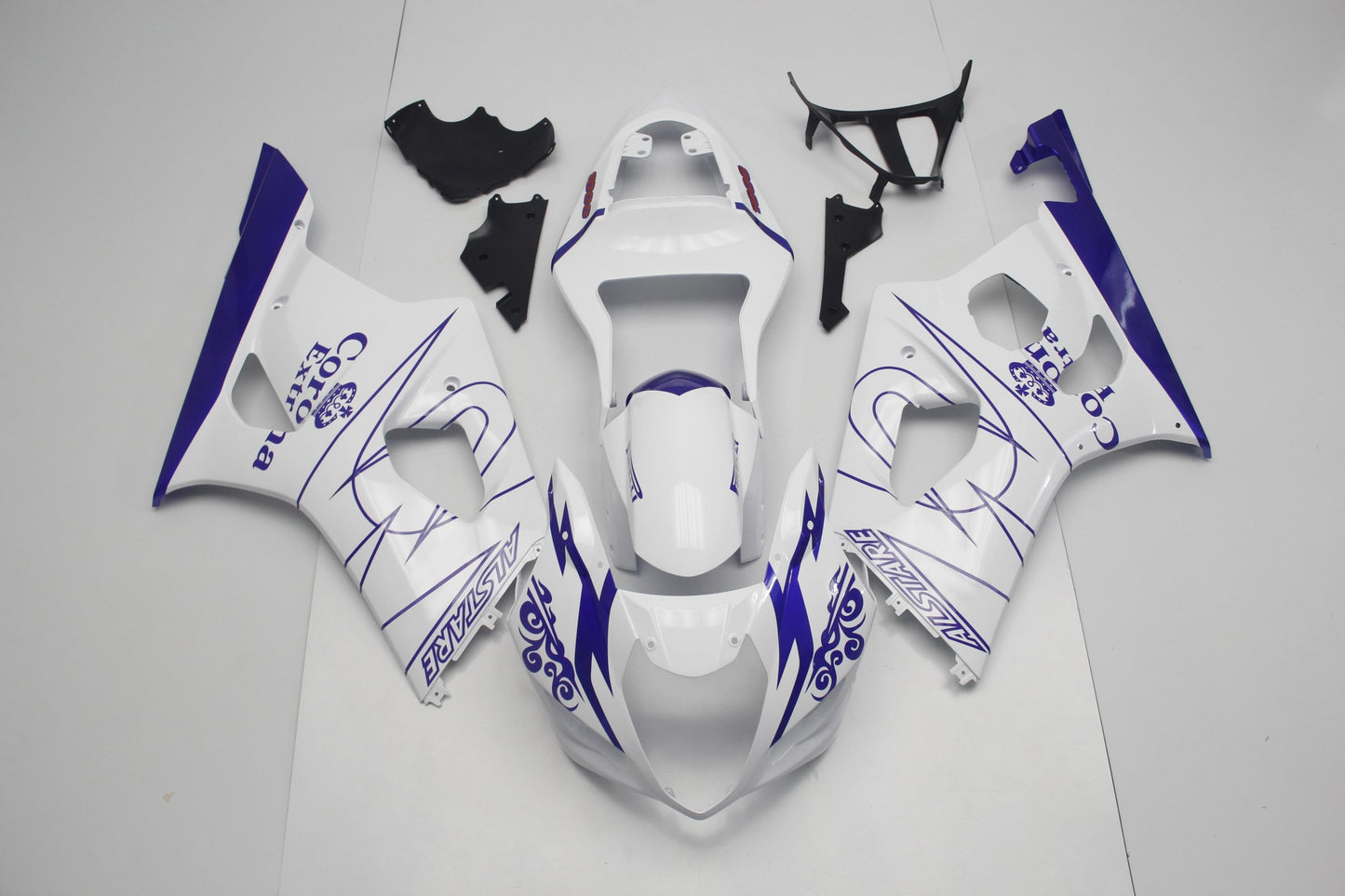 White and Blue Corona Fairing Kit for a 2003 & 2004 Suzuki GSX-R1000 motorcycle