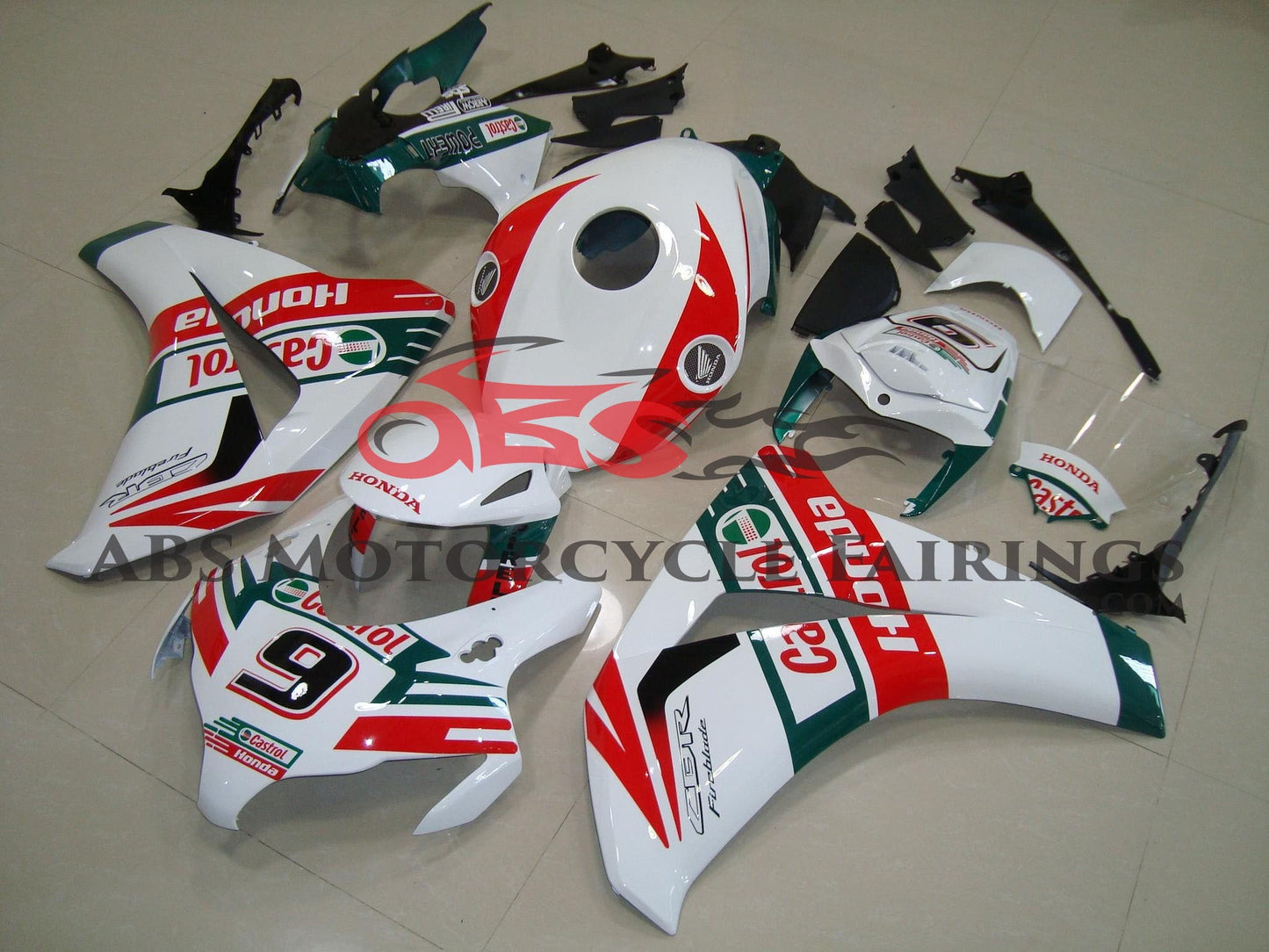 White, Red and Green Castrol #9 Fairing Kit for a 2008, 2009, 2010 & 2011 Honda CBR1000RR motorcycle