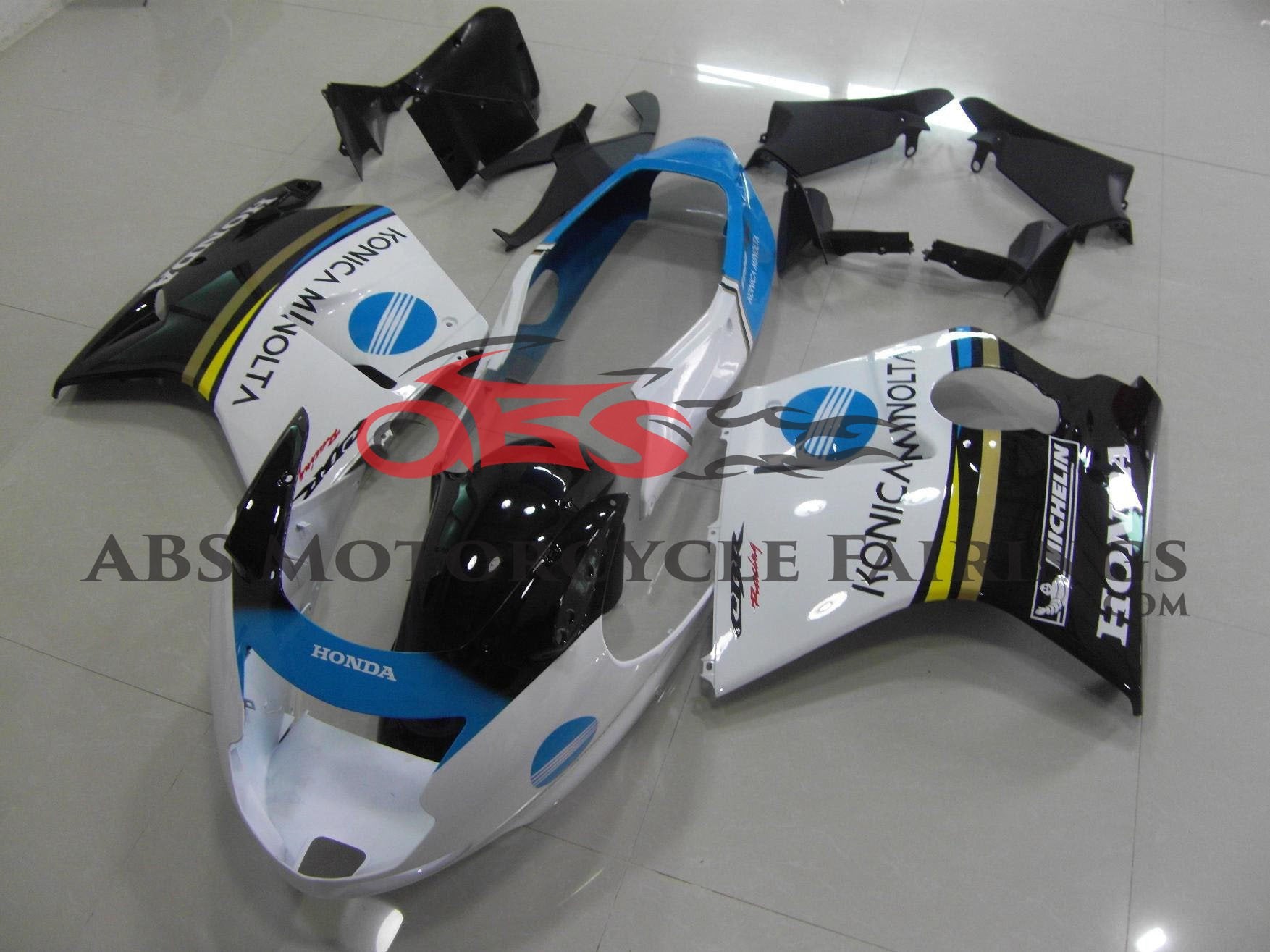 White, Black and Blue Konica Minolta Fairing Kit for a 1996, 1997, 1998, 1999, 2000, 2001, 2002, 2003, 2004, 2005, 2006 & 2007 Honda CBR1100XX Super Blackbird motorcycle