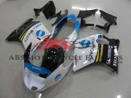 White, Black and Blue Konica Minolta Fairing Kit for a 1996, 1997, 1998, 1999, 2000, 2001, 2002, 2003, 2004, 2005, 2006 & 2007 Honda CBR1100XX Super Blackbird motorcycle