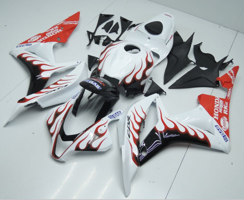 White, Black and Red Flame Fairing Kit for a 2007 and 2008 Honda CBR600RR motorcycle