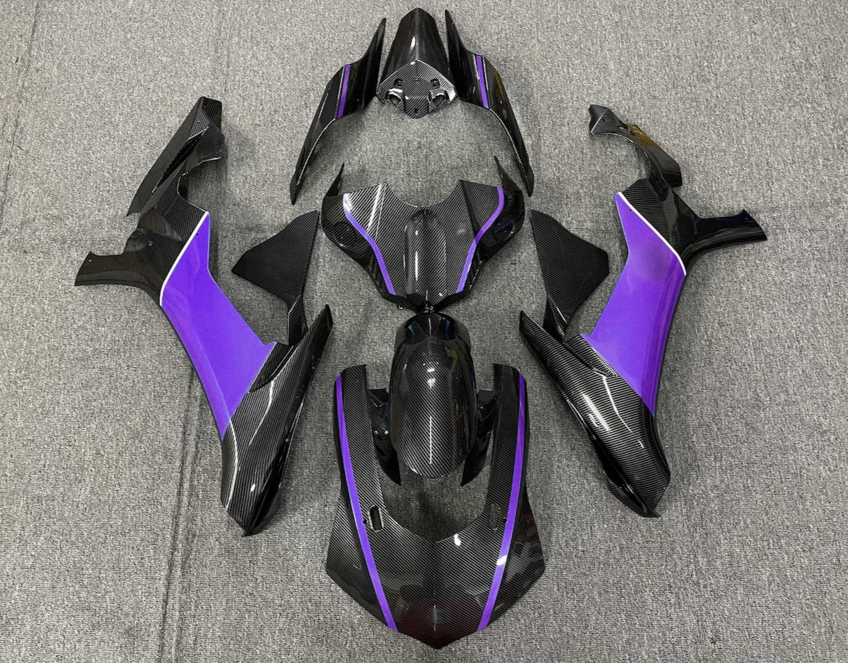 Faux Carbon Fiber and Purple Fairing Kit for a 2015, 2016, 2017, 2018 & 2019 Yamaha YZF-R1 motorcycle