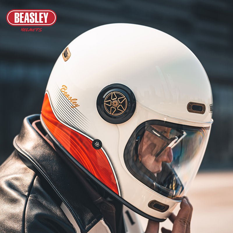Cream White, Red, Black & Gold Beasley Motorcycle Helmet from KingsMotorcycleFairings.com 1