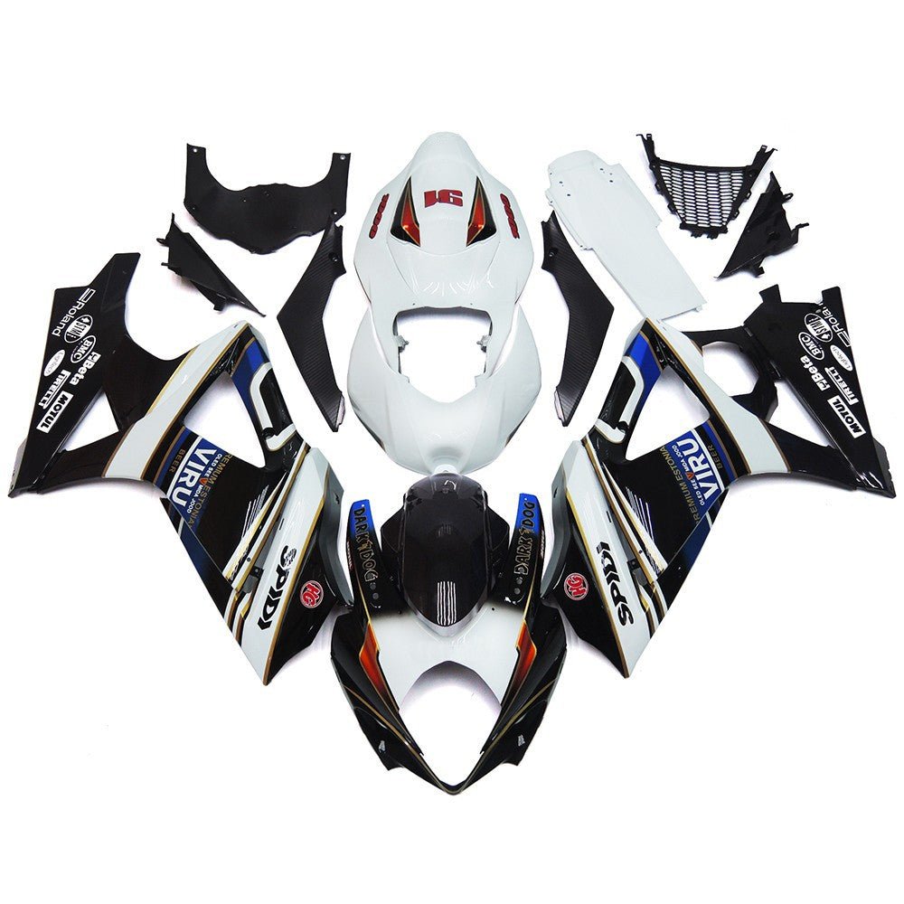 Black, White and Blue VIRU Fairing Kit for a 2007 & 2008 Suzuki GSX-R1000 motorcycle