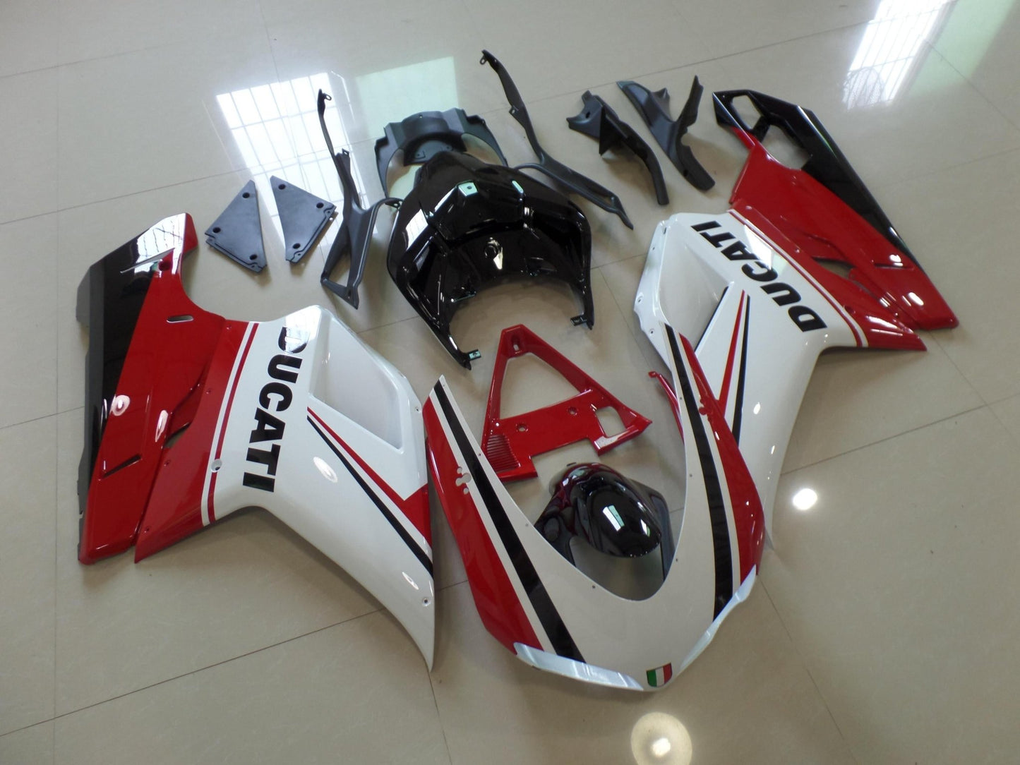 White, Red and Black Fairing Kit for a 2007, 2008, 2009, 2010, 2011 & 2012 Ducati 1098 motorcycle