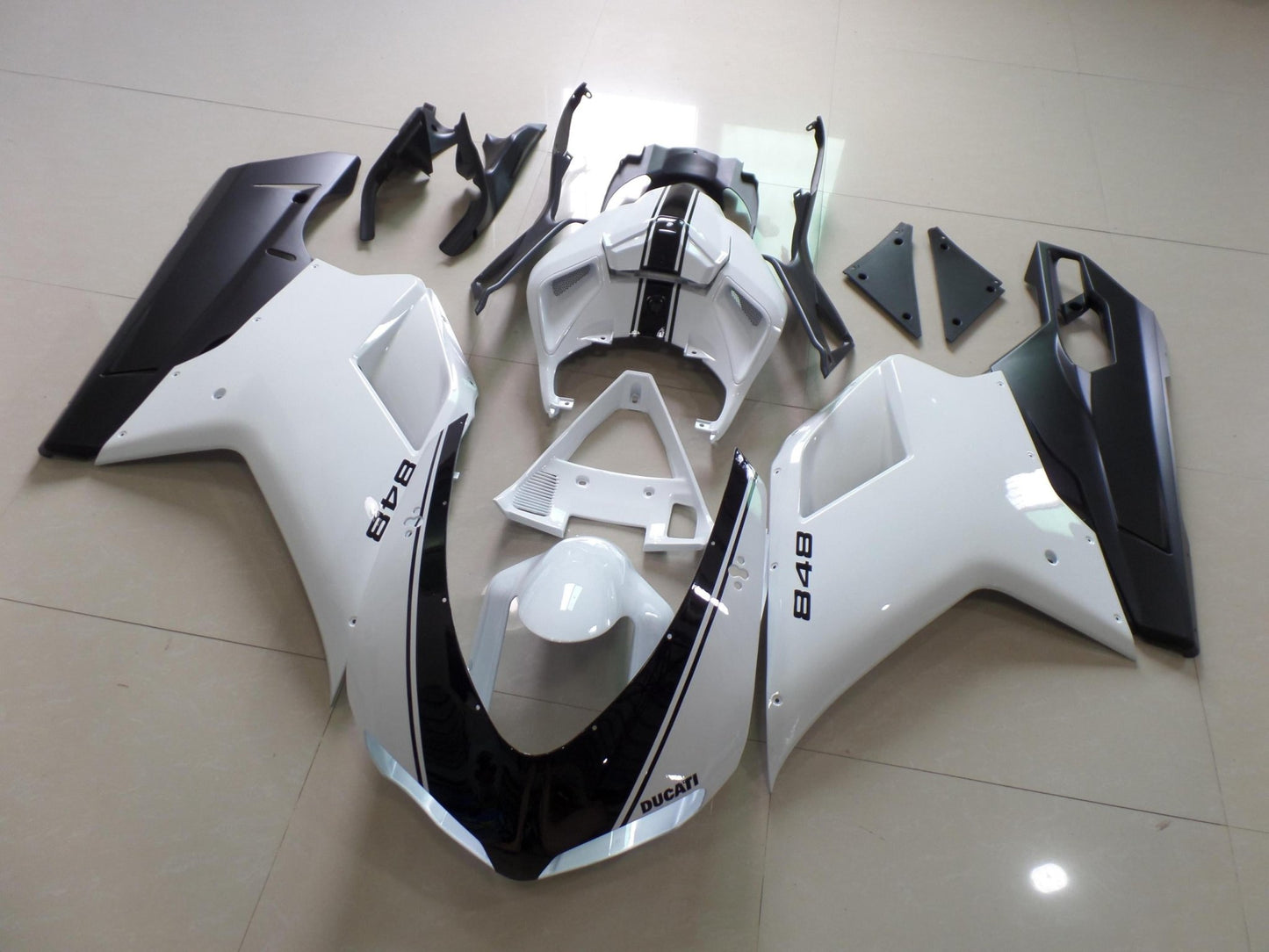 White and Black Striped Fairing Kit for a 2007, 2008, 2009, 2010, 2011, 2012, 2013 & 2014 Ducati 848 motorcycle