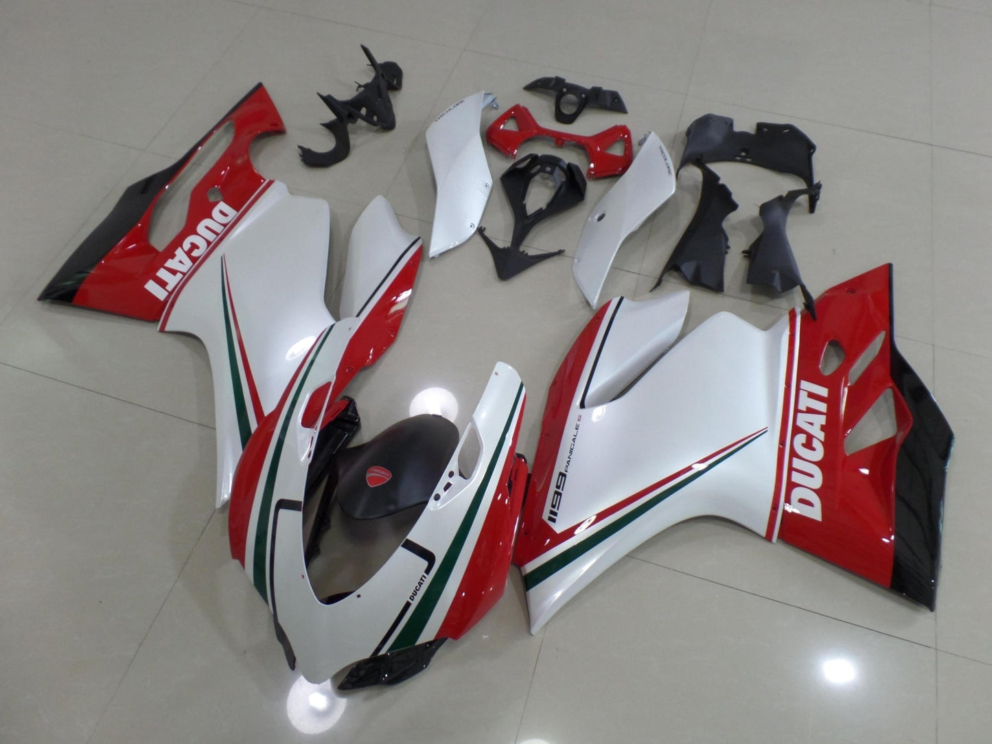 Pearl White, Red, Green and Black Fairing Kit for a 2011, 2012, 2013 & 2014 Ducati 899 motorcycle