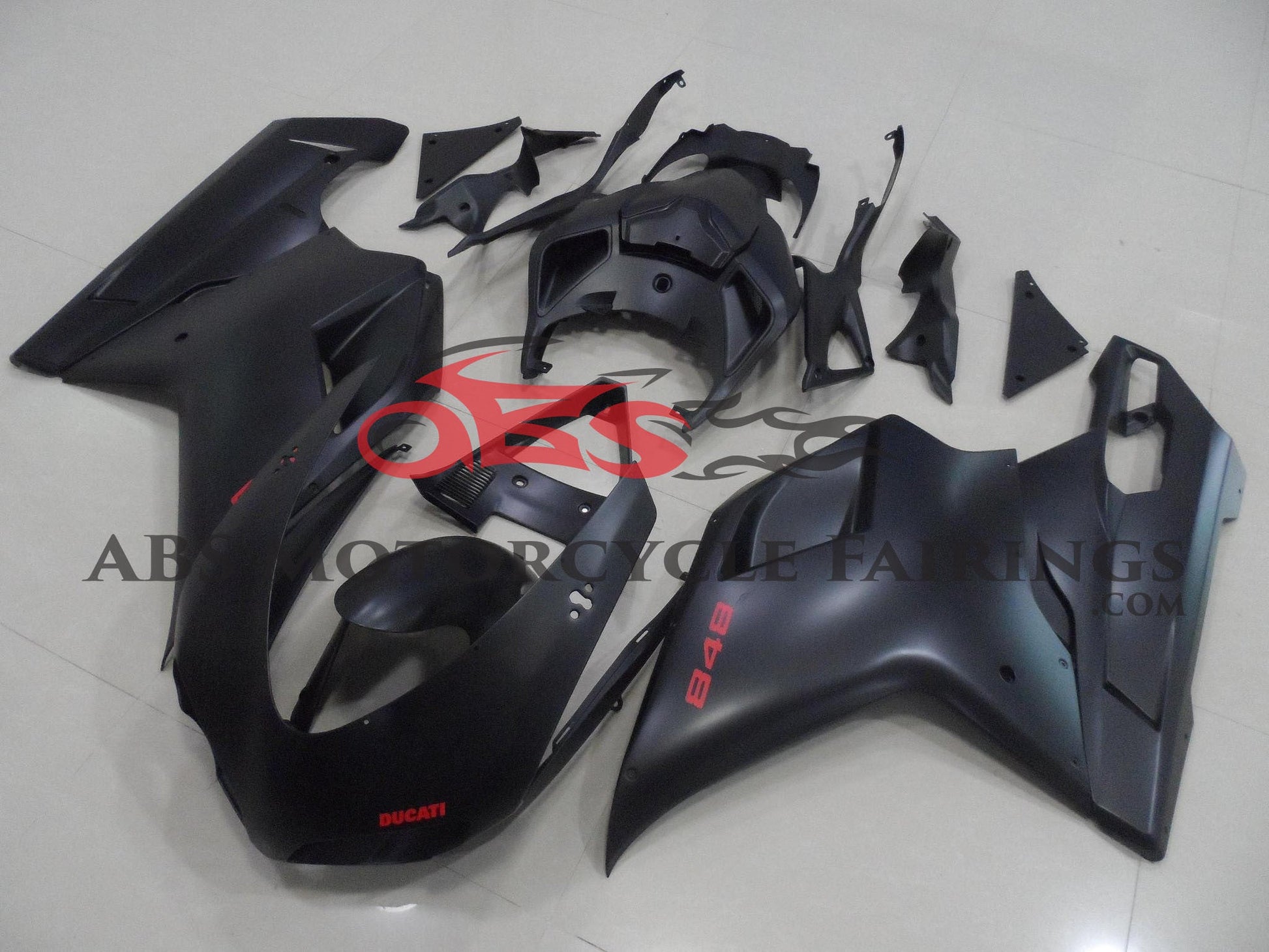 Matte Black and Red Fairing Kit for a 2007, 2008, 2009, 2010, 2011, 2012, 2013 & 2014 Ducati 848 motorcycle