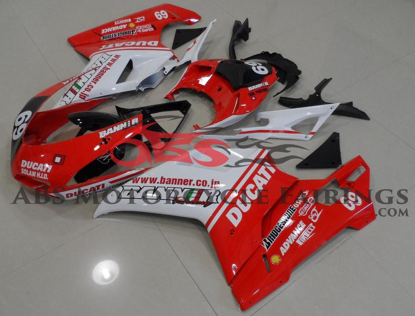 Red, White & Black #69 Fairing Kit for a 2007, 2008, 2009, 2010, 2011, 2012, 2013 & 2014 Ducati 848 motorcycle