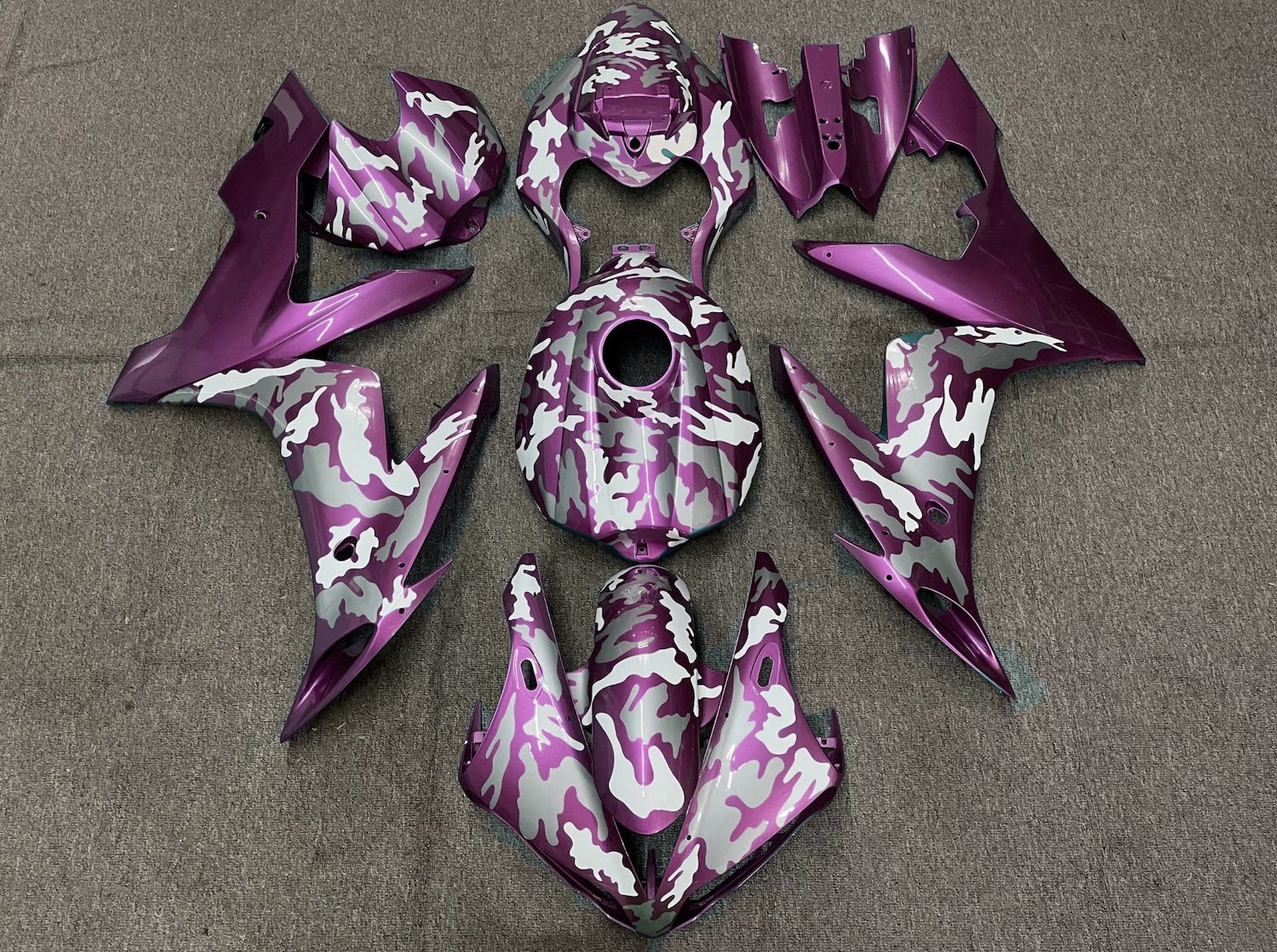 Purple Magenta, White and Gray Camouflage Fairing Kit for a 2004, 2005 & 2006 Yamaha YZF-R1 motorcycle