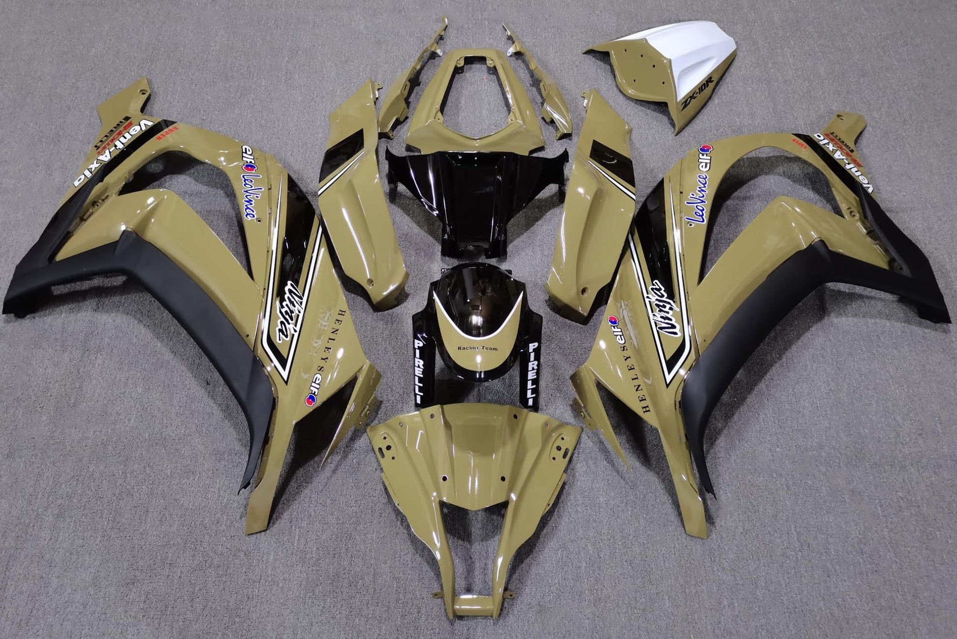 Desert Tan, Black and White Fairing Kit for a 2011, 2012, 2013, 2014 & 2015 Kawasaki Ninja ZX-10R motorcycle