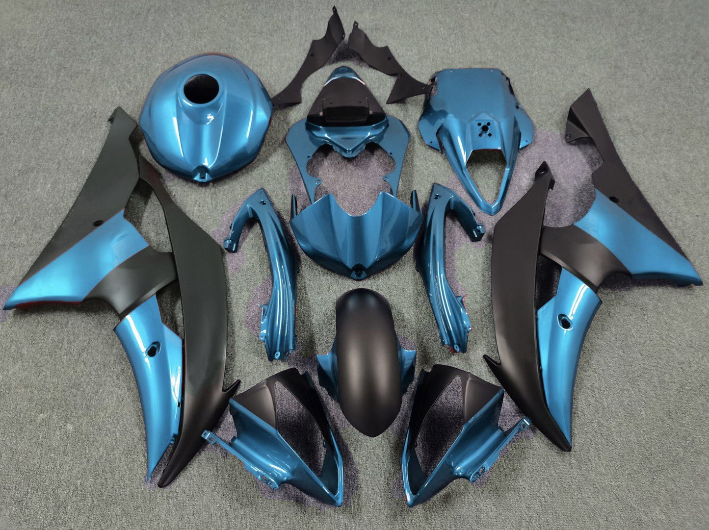 Blue and Matte Black Fairing Kit for a 2008, 2009, 2010, 2011, 2012, 2013, 2014, 2015 & 2016 Yamaha YZF-R6 motorcycle