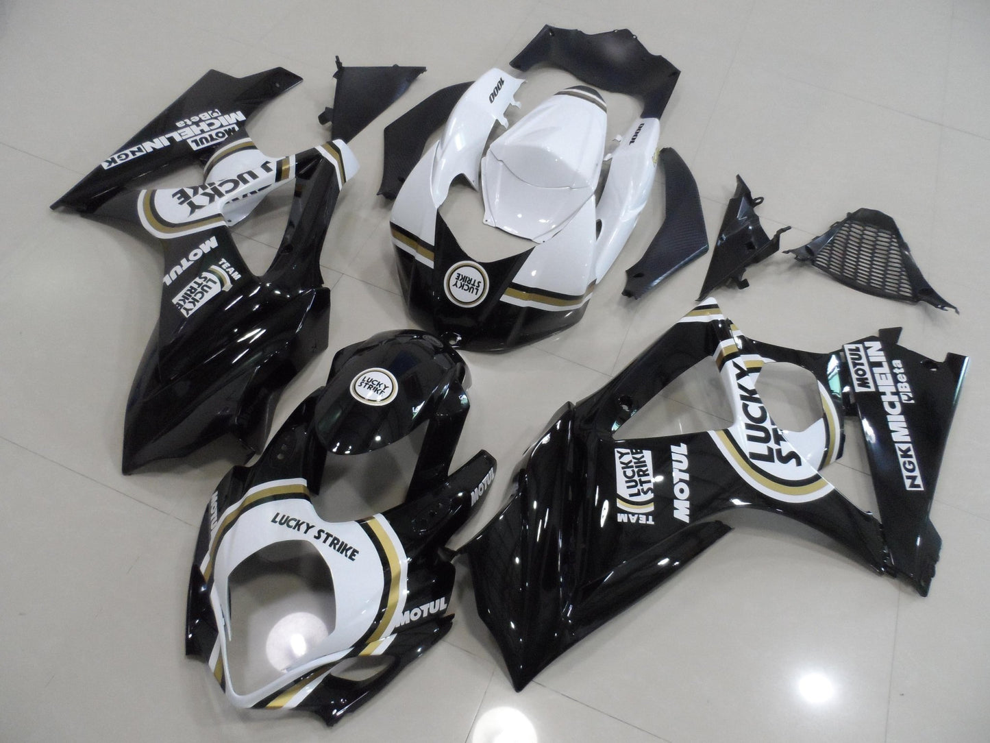 Black and White Lucky Strike Fairing Kit for a 2007 & 2008 Suzuki GSX-R1000 motorcyc