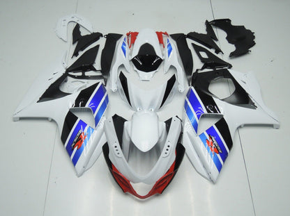 White, Black, Blue and Red Fairing Kit for a 2009, 2010, 2011, 2012, 2013, 2014, 2015 & 2016 Suzuki GSX-R1000 motorcycle