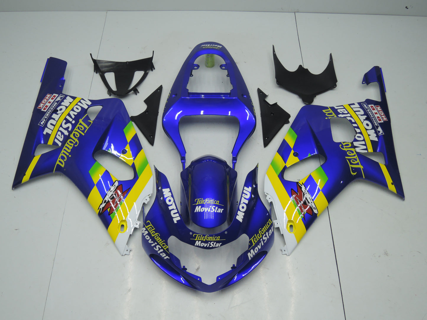 Suzuki GSXR750 Fairings (2000-2003) Blue, Yellow, White, Green Telefonica at KingsMotorycleFairings.com