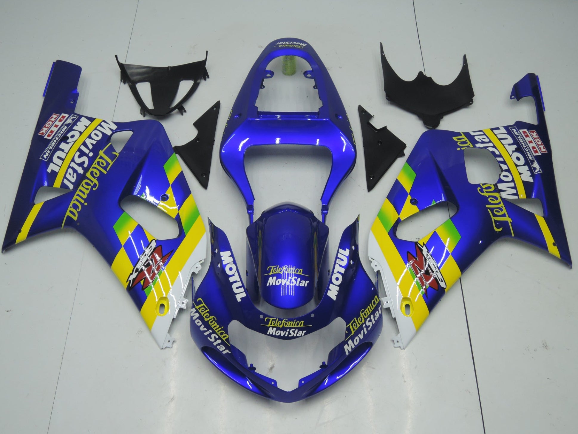 Suzuki GSXR750 Fairings (2000-2003) Blue, Yellow, White, Green Telefonica from KingsMotorycleFairings.com