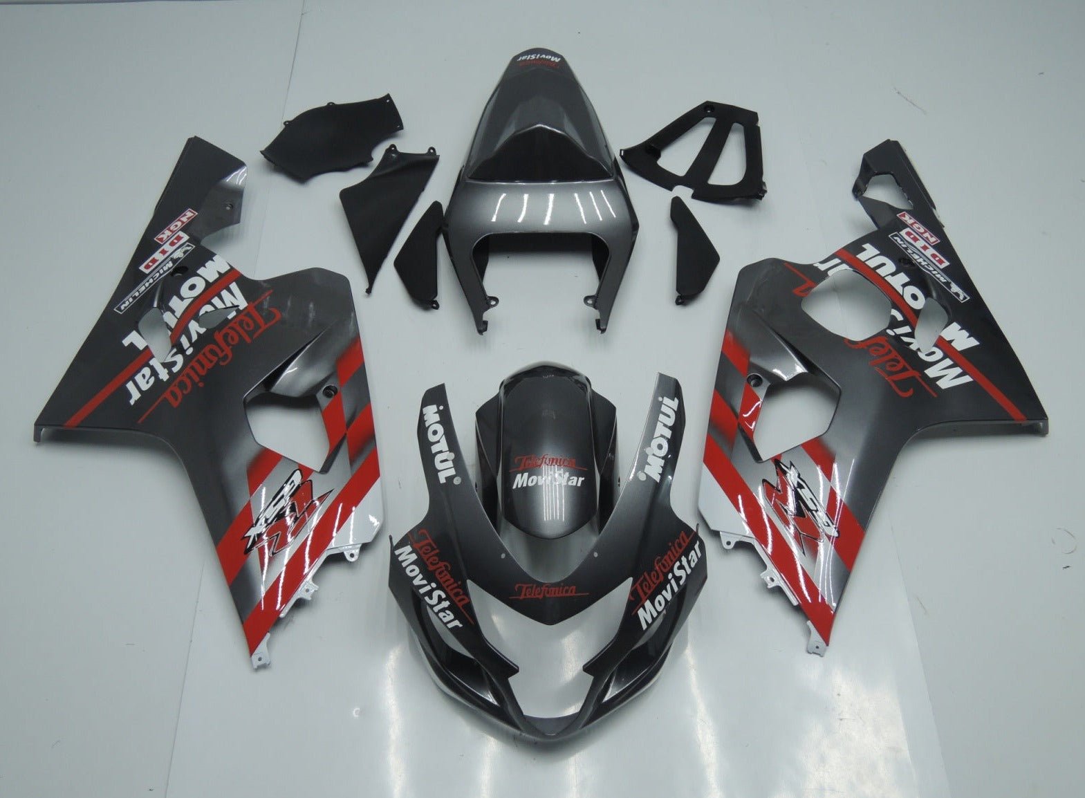 Silver and Red Fairing Kit for a 2004 & 2005 Suzuki GSX-R750 motorcycle.