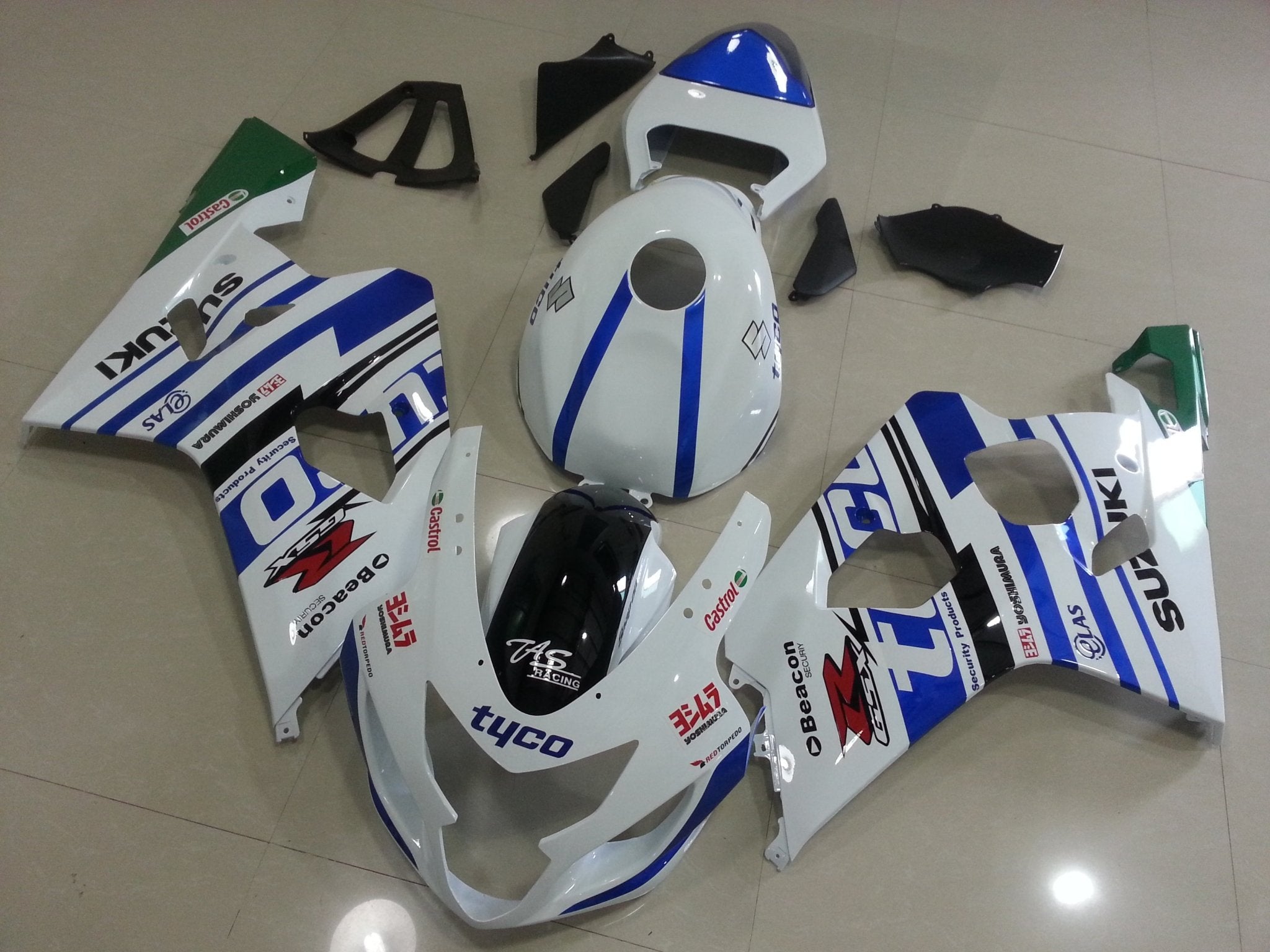 Suzuki GSXR600 (2004-2005) White, Blue, Black & Green Tyco Fairings