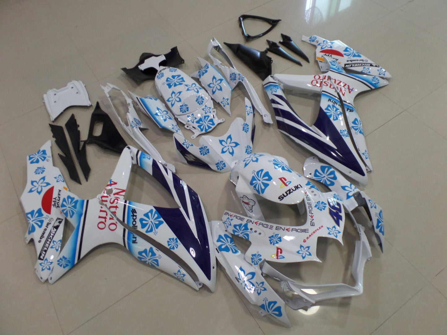 White and Blue Flower Nastro Azurro Fairing Kit for a 2008, 2009 & 2010 Suzuki GSX-R750 motorcycle