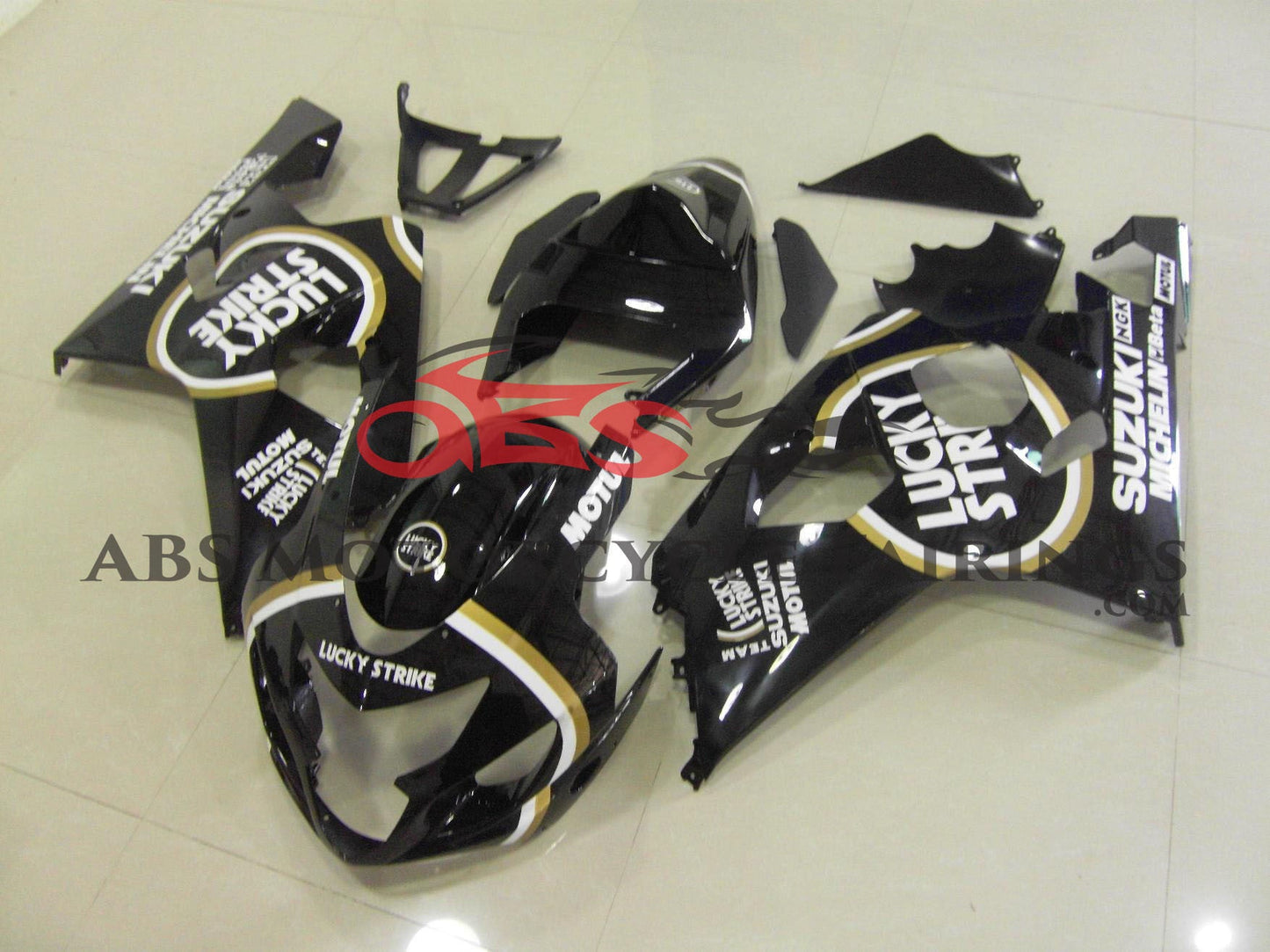 Black Lucky Strike Race Fairing Kit for a 2004 & 2005 Suzuki GSX-R600 motorcycle
