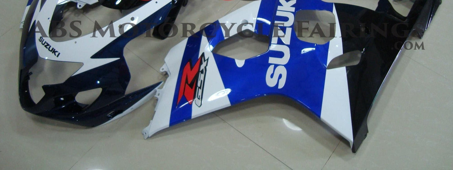 White and Blue Fairing Kit for a 2004 & 2005 Suzuki GSX-R750 motorcycle