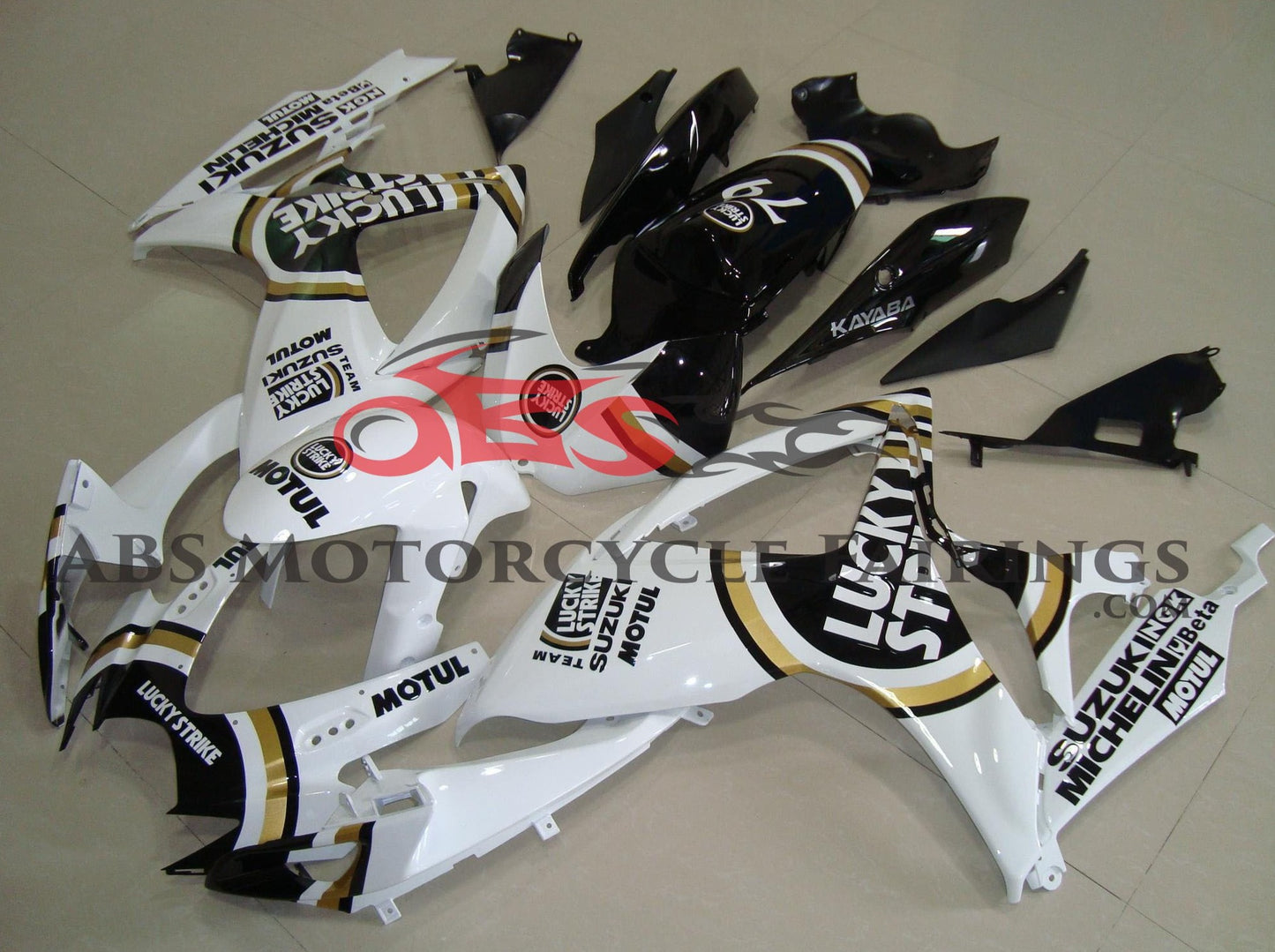 White and Black Lucky Strike Fairing Kit for a 2006 & 2007 Suzuki GSX-R750 motorcycle