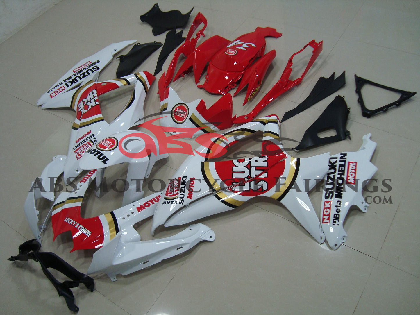 White and Red Lucky Strike Fairing Kit for a 2008, 2009, & 2010 Suzuki GSX-R600 motorcycle