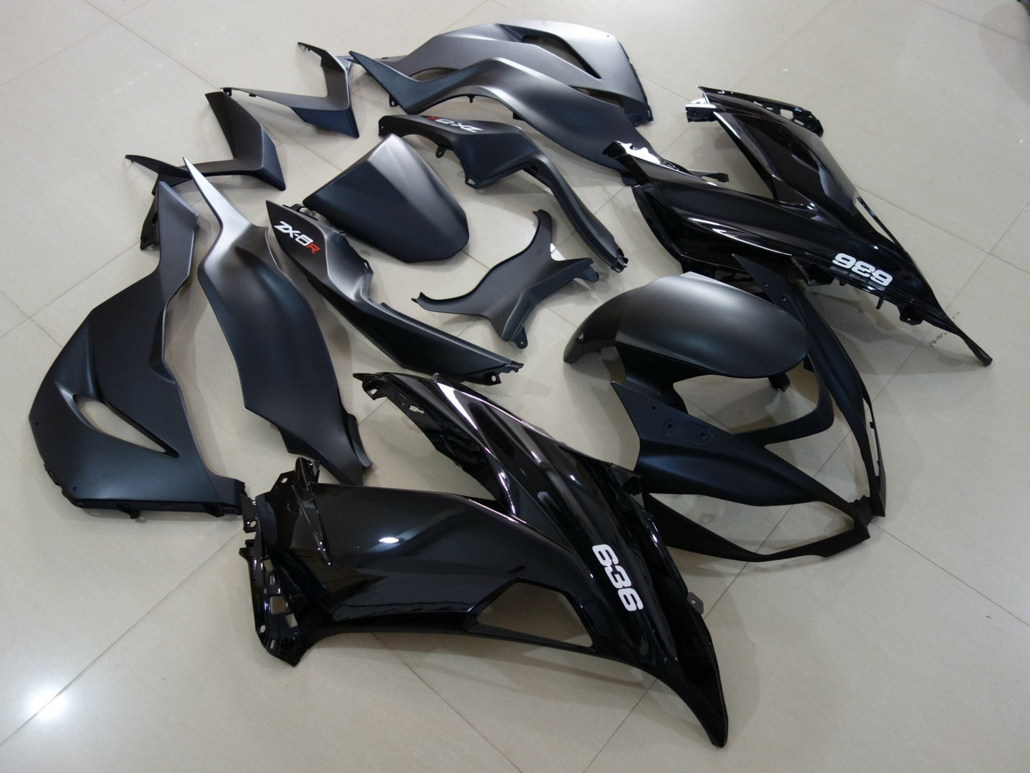 Matte Black, Gloss Black and White Fairing Kit for a 2007 & 2008 Kawasaki Ninja ZX-6R 636 motorcycle
