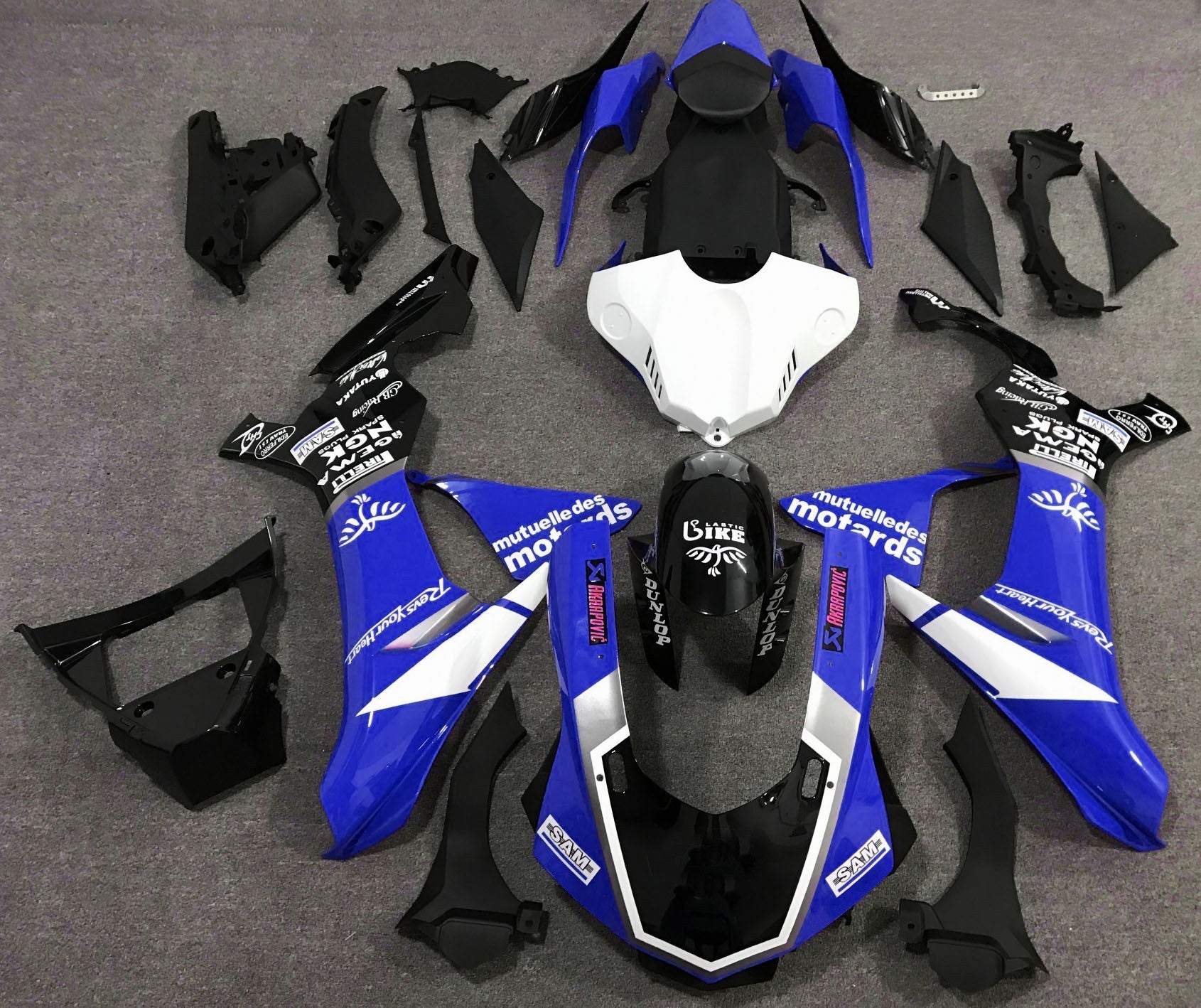 Blue, White, Black and Silver Fairing Kit for a 2015, 2016, 2017, 2018 & 2019 Yamaha YZF-R1 motorcycle