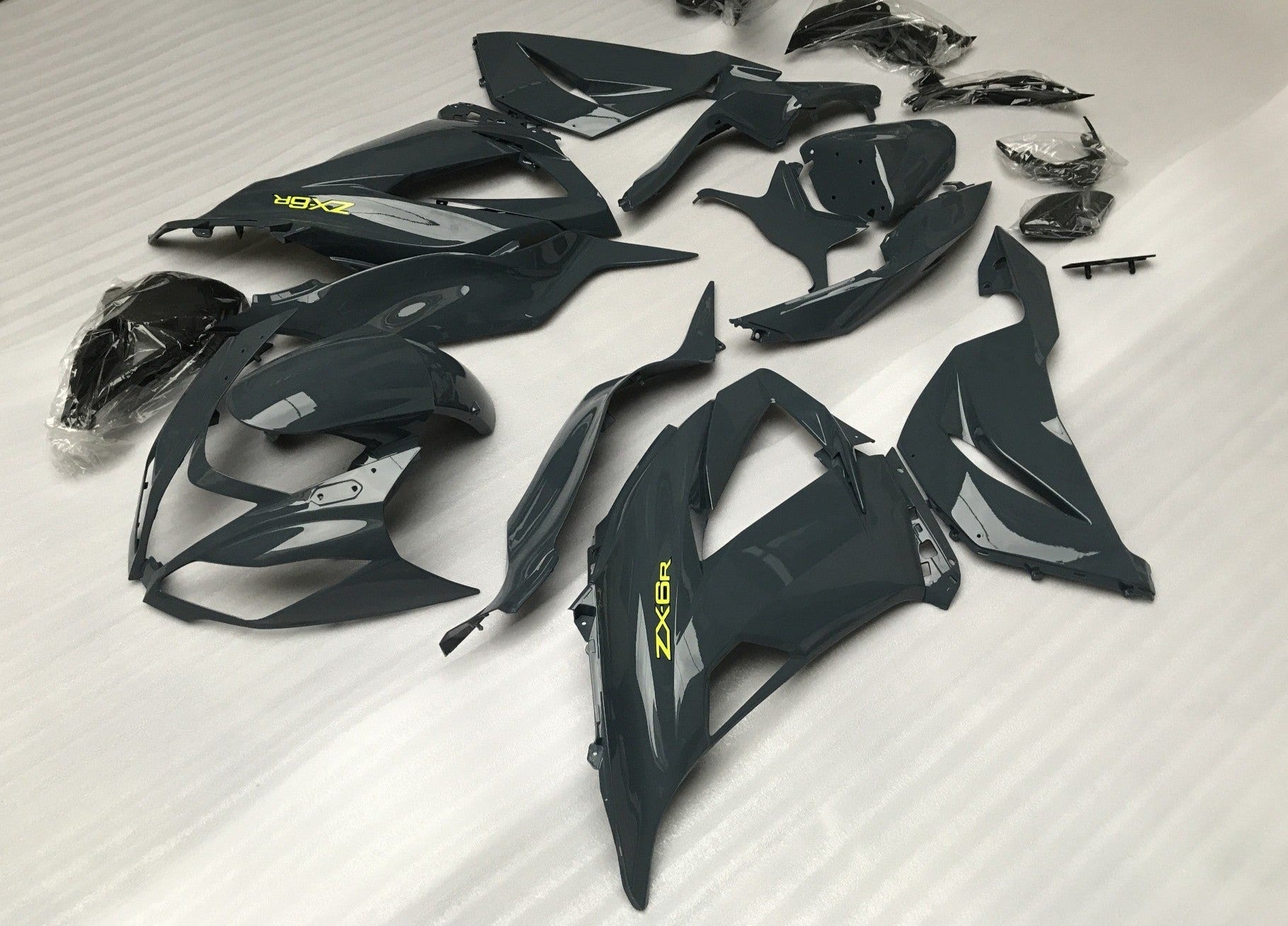 Dark Gray and Yellow Fairing Kit for a 2013, 2014, 2015, 2016, 2017 & 2018 Kawasaki ZX-6R 636 motorcycle