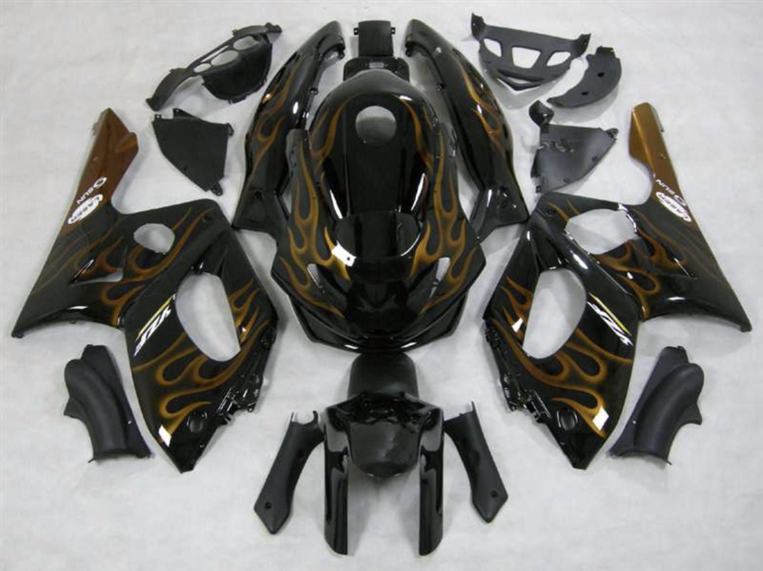Black and Dark Gold Flames Fairing Kit for a 1998, 1999, 2000, 2001, 2002, 2003, 2004, 2005, 2006 & 2007 Yamaha YZF600R motorcycle
