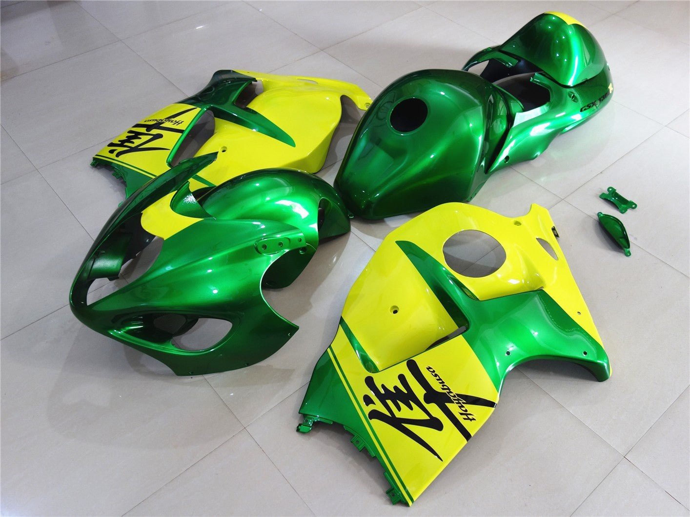 Green and Yellow Fairing Kit for a 1999, 2000, 2001, 2002, 2003, 2004, 2005, 2006, & 2007 Suzuki GSX-R1300 Hayabusa motorcycle