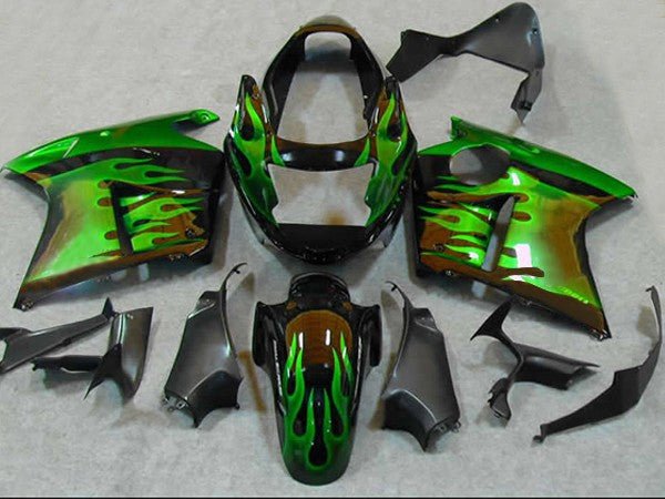 Black and Green Flames Fairing Kit for a 1996, 1997, 1998, 1999, 2000, 2001, 2002, 2003, 2004, 2005, 2006 & 2007 Honda CBR1100XX Super Blackbird motorcycle