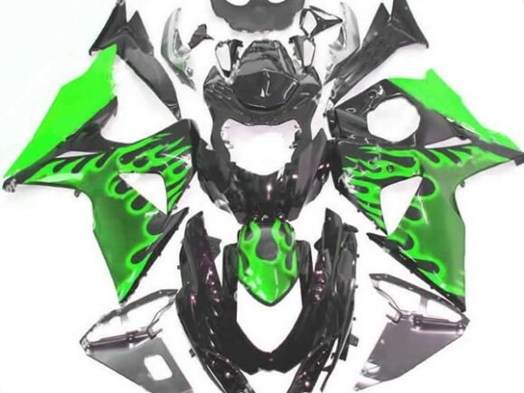 Black and Green Flame Fairing Kit for a 2009, 2010, 2011, 2012, 2013, 2014, 2015 & 2016 Suzuki GSX-R1000 motorcycle