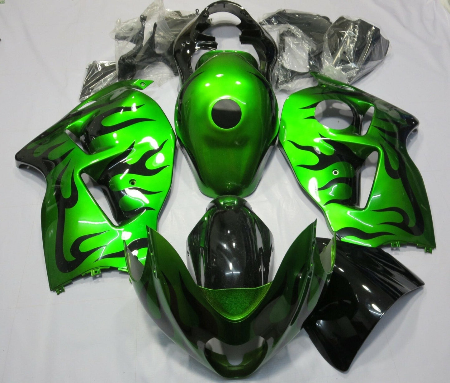 Green and Black Flame Fairing Kit for a 1999, 2000, 2001, 2002, 2003, 2004, 2005, 2006, & 2007 Suzuki GSX-R1300 Hayabusa motorcycle