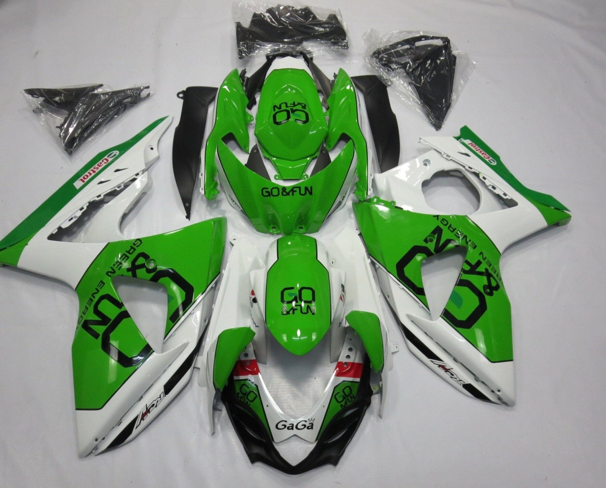 Green and White Go&Fun Fairing Kit for a 2009, 2010, 2011, 2012, 2013, 2014, 2015 & 2016 Suzuki GSX-R1000 motorcycle