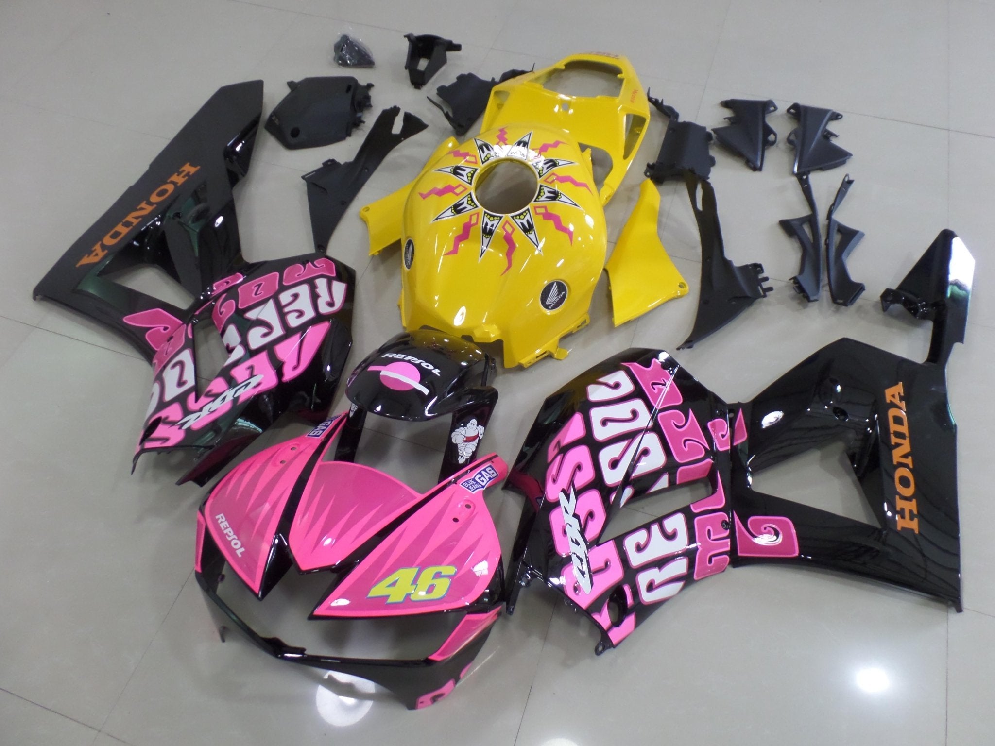 Honda CBR600RR Fairings (2013-2023) Pink, Black, Yellow Rossi at KingsMotorcycleFairings.com